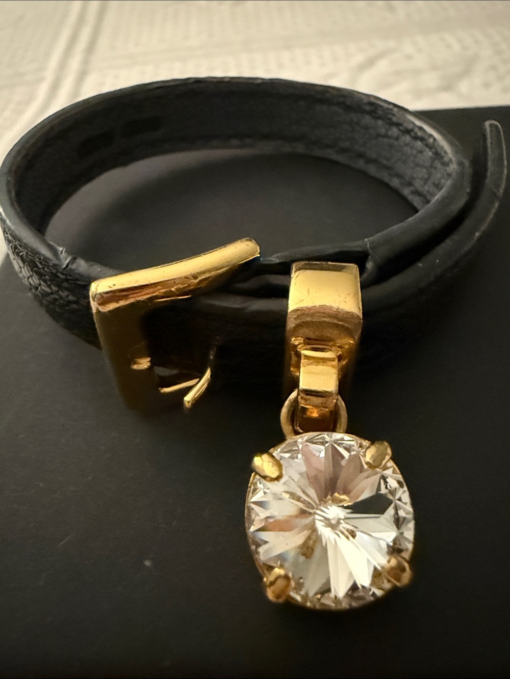 Miu Miu Black Leather Bracelet with Gold Hardware and Crystal Charm - Picture 2 of 7